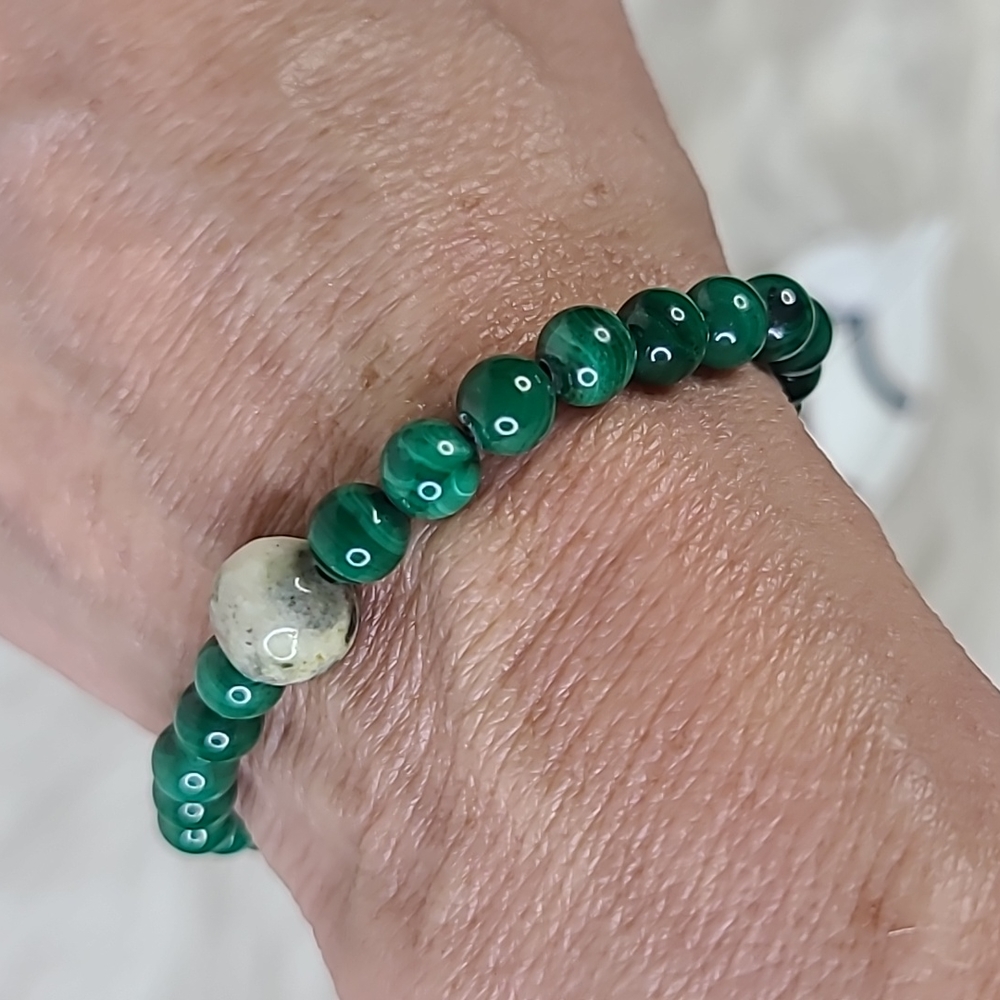 Stretch Bracelet Malachite Handmade Jewelry One of a Kind Green Gift Cute Unisex - Picture 3 of 4